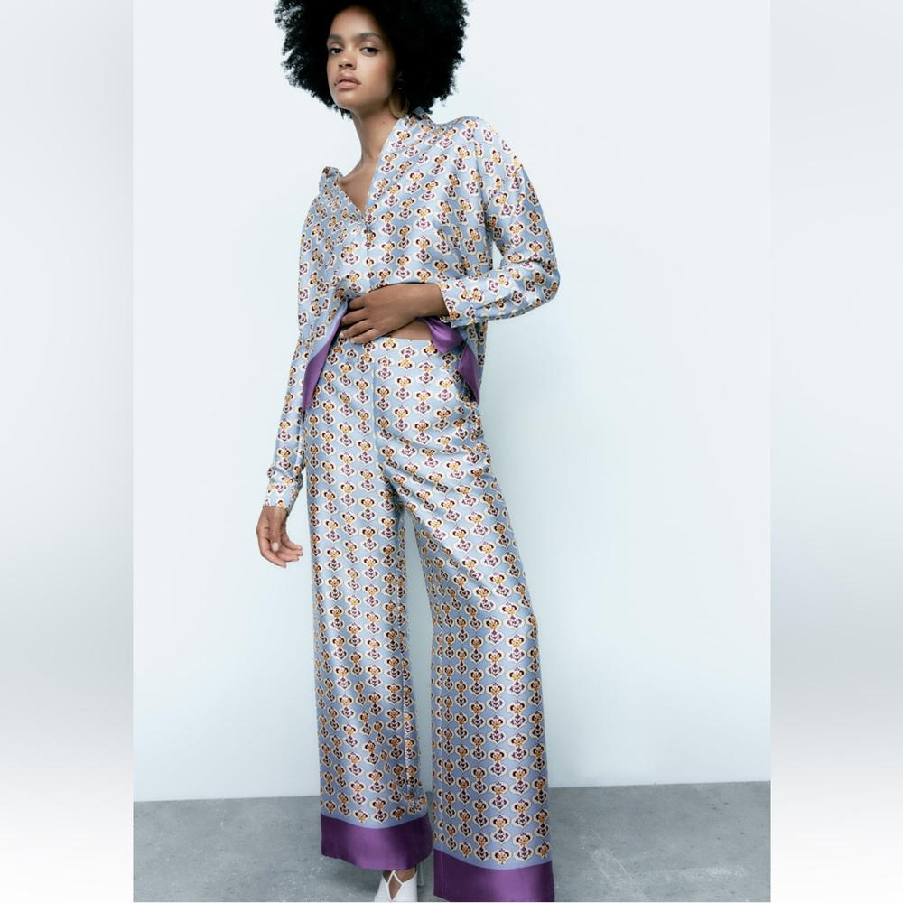 Zara Lilac Printed Wide-Leg Trousers with Purple Hem